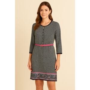 Esley Women’s Small Black Print Dress Poly 3/4 Sleeve Boho Hem